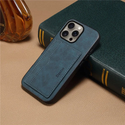 DENIOR For iPhone 16 Pro Max Case Card Holder Kickstand Retro Leather+PC+TPU Phone Cover