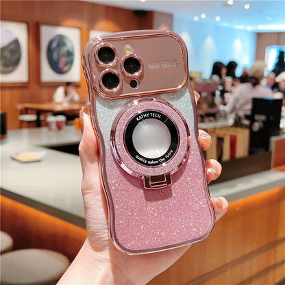 For iPhone 16 Pro Magnetic Case Curly Frame TPU Gradient Glitter Phone Cover with Kickstand