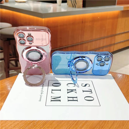 For iPhone 16 Pro Magnetic Case Curly Frame TPU Gradient Glitter Phone Cover with Kickstand