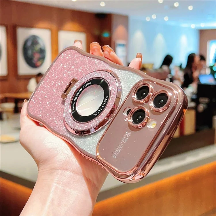 For iPhone 16 Pro Magnetic Case Curly Frame TPU Gradient Glitter Phone Cover with Kickstand