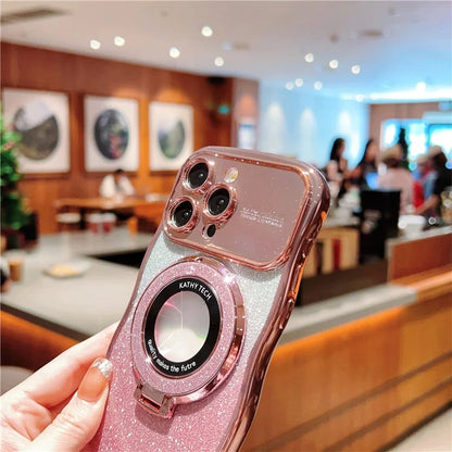 For iPhone 16 Pro Magnetic Case Curly Frame TPU Gradient Glitter Phone Cover with Kickstand
