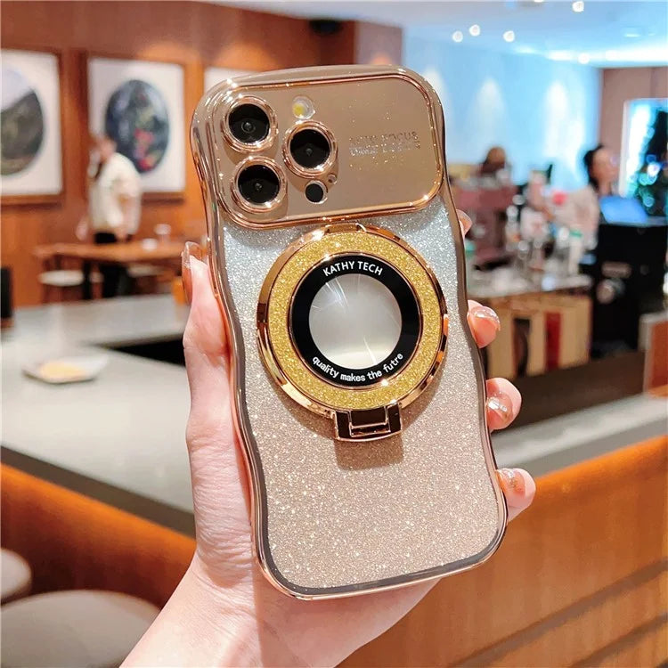 For iPhone 16 Pro Magnetic Case Curly Frame TPU Gradient Glitter Phone Cover with Kickstand