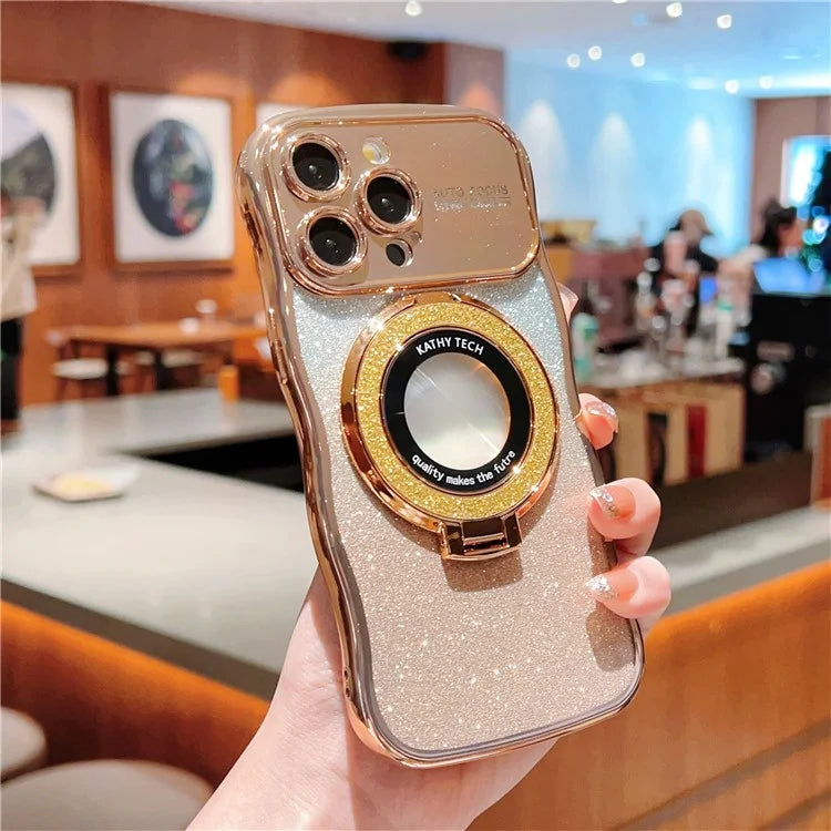 For iPhone 16 Pro Magnetic Case Curly Frame TPU Gradient Glitter Phone Cover with Kickstand