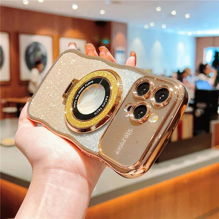 For iPhone 16 Pro Magnetic Case Curly Frame TPU Gradient Glitter Phone Cover with Kickstand