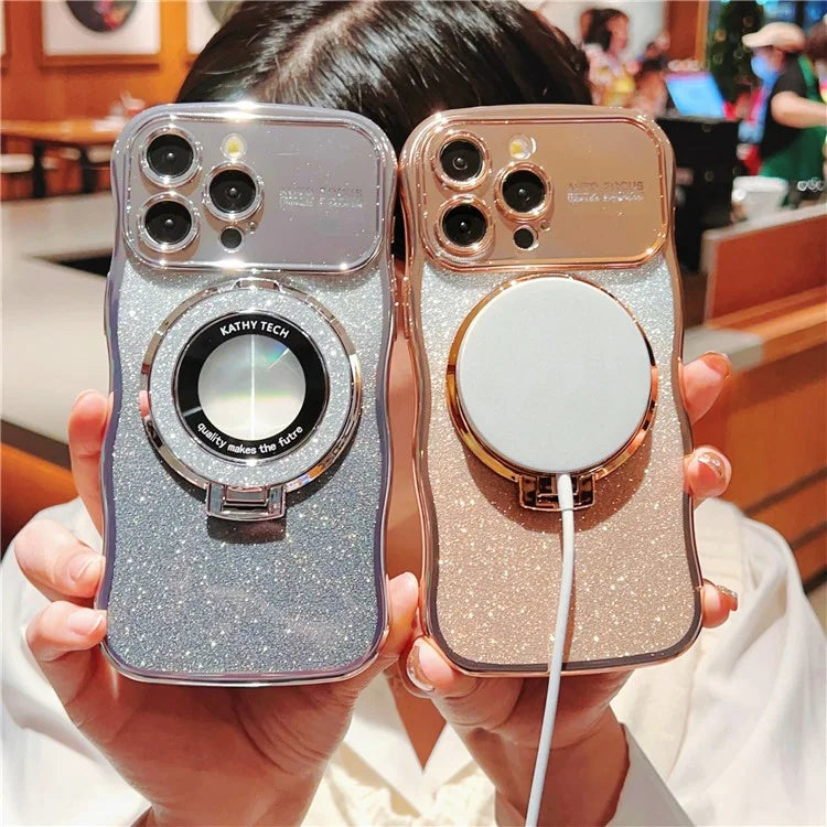 For iPhone 16 Pro Magnetic Case Curly Frame TPU Gradient Glitter Phone Cover with Kickstand