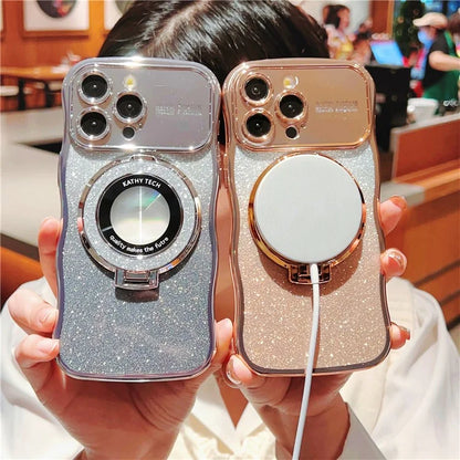 For iPhone 16 Pro Magnetic Case Curly Frame TPU Gradient Glitter Phone Cover with Kickstand
