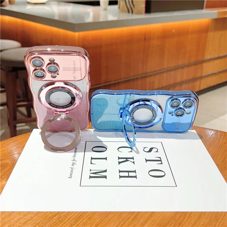 For iPhone 16 Pro Magnetic Case Curly Frame TPU Gradient Glitter Phone Cover with Kickstand