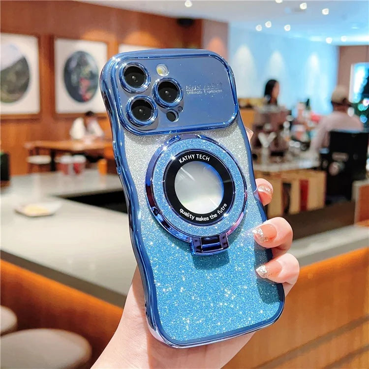 For iPhone 16 Pro Magnetic Case Curly Frame TPU Gradient Glitter Phone Cover with Kickstand