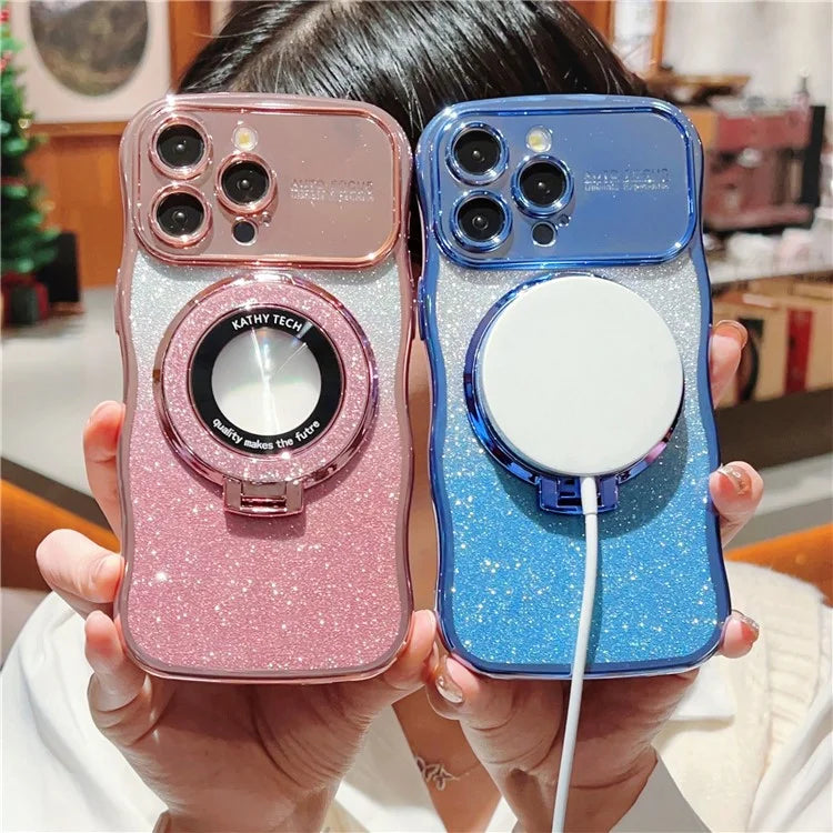 For iPhone 16 Pro Magnetic Case Curly Frame TPU Gradient Glitter Phone Cover with Kickstand