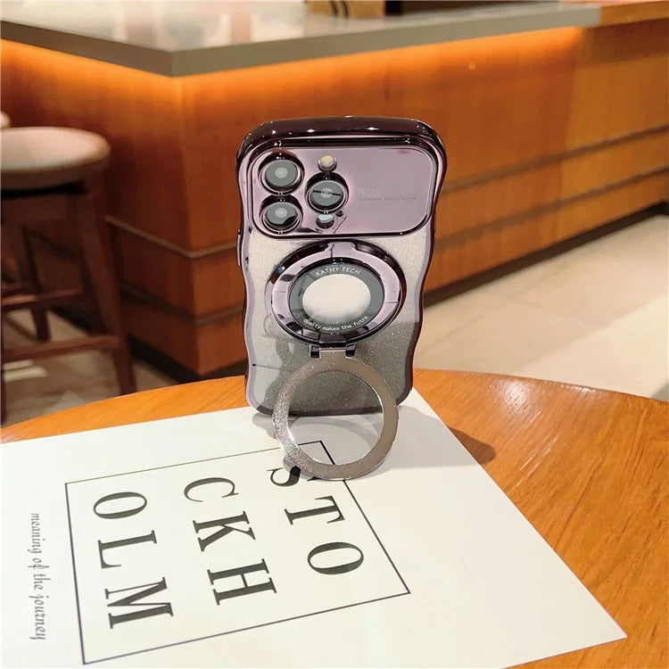For iPhone 16 Pro Magnetic Case Curly Frame TPU Gradient Glitter Phone Cover with Kickstand