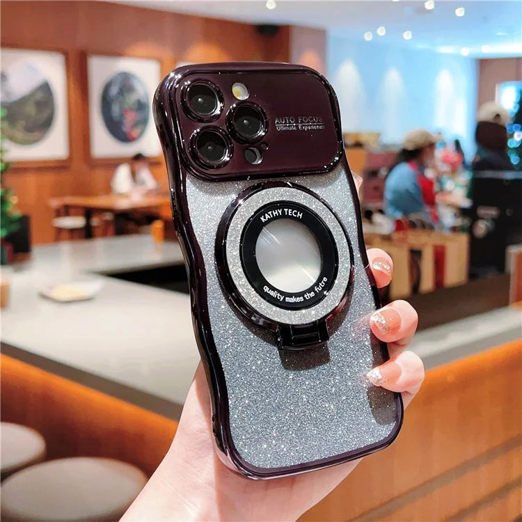 For iPhone 16 Pro Magnetic Case Curly Frame TPU Gradient Glitter Phone Cover with Kickstand