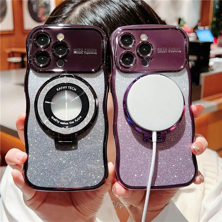 For iPhone 16 Pro Magnetic Case Curly Frame TPU Gradient Glitter Phone Cover with Kickstand