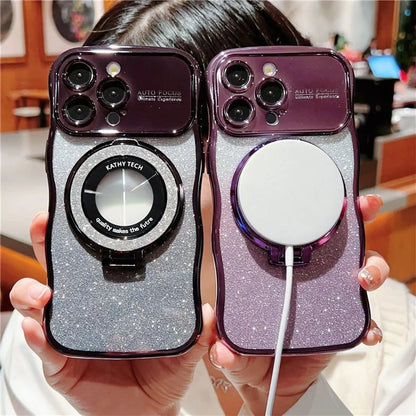 For iPhone 16 Pro Magnetic Case Curly Frame TPU Gradient Glitter Phone Cover with Kickstand