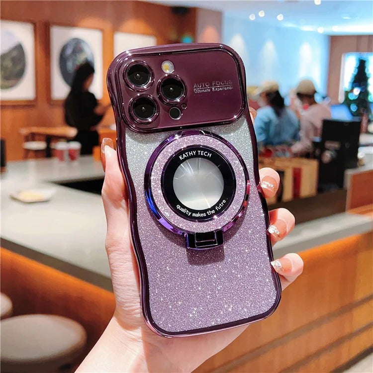 For iPhone 16 Pro Magnetic Case Curly Frame TPU Gradient Glitter Phone Cover with Kickstand