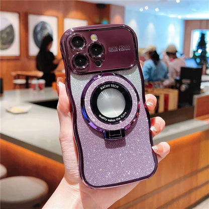 For iPhone 16 Pro Magnetic Case Curly Frame TPU Gradient Glitter Phone Cover with Kickstand