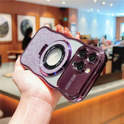 For iPhone 16 Pro Magnetic Case Curly Frame TPU Gradient Glitter Phone Cover with Kickstand