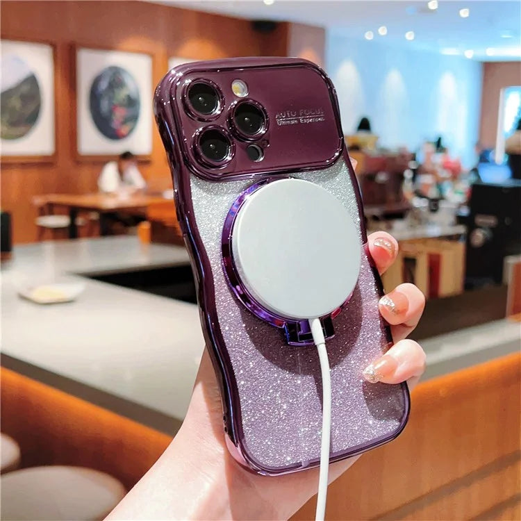 For iPhone 16 Pro Magnetic Case Curly Frame TPU Gradient Glitter Phone Cover with Kickstand
