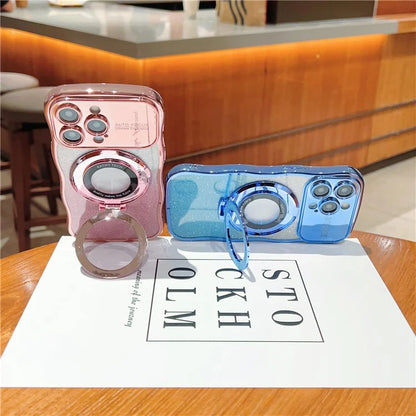 For iPhone 16 Pro Magnetic Case Curly Frame TPU Gradient Glitter Phone Cover with Kickstand