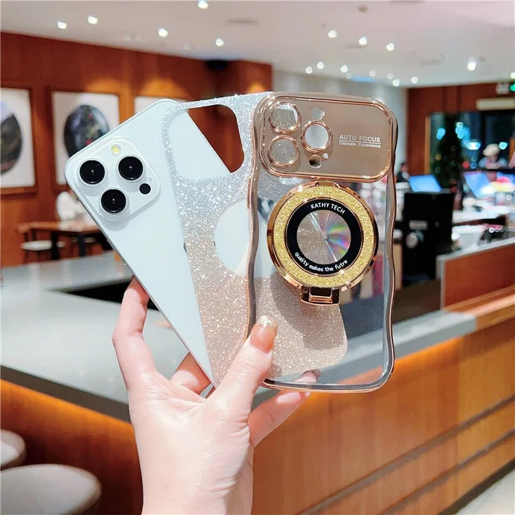 For iPhone 16 Pro Magnetic Case Curly Frame TPU Gradient Glitter Phone Cover with Kickstand