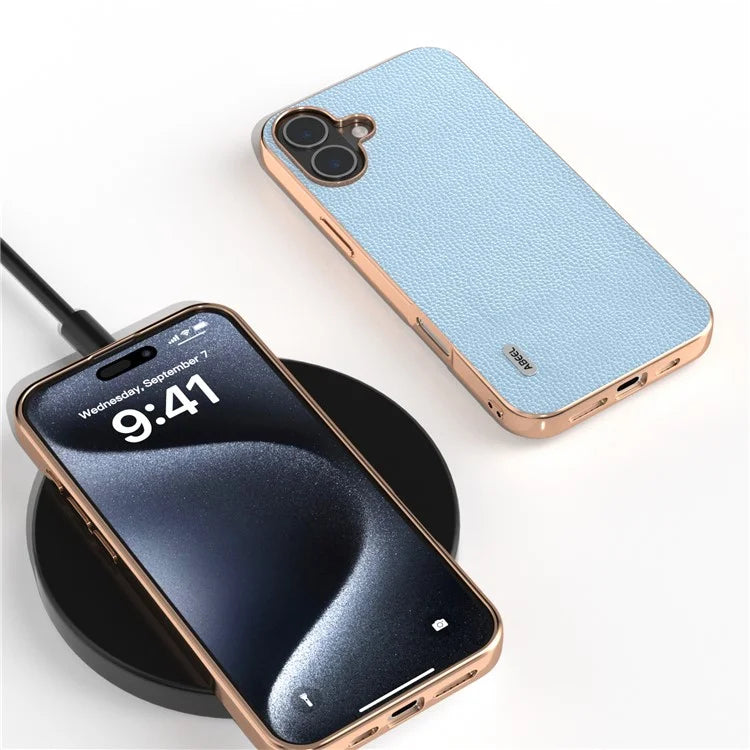 ABEEL For iPhone 16 Case Genuine Cow Leather+PC+TPU Electroplating Phone Cover