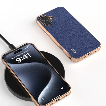 ABEEL For iPhone 16 Case Genuine Cow Leather+PC+TPU Electroplating Phone Cover