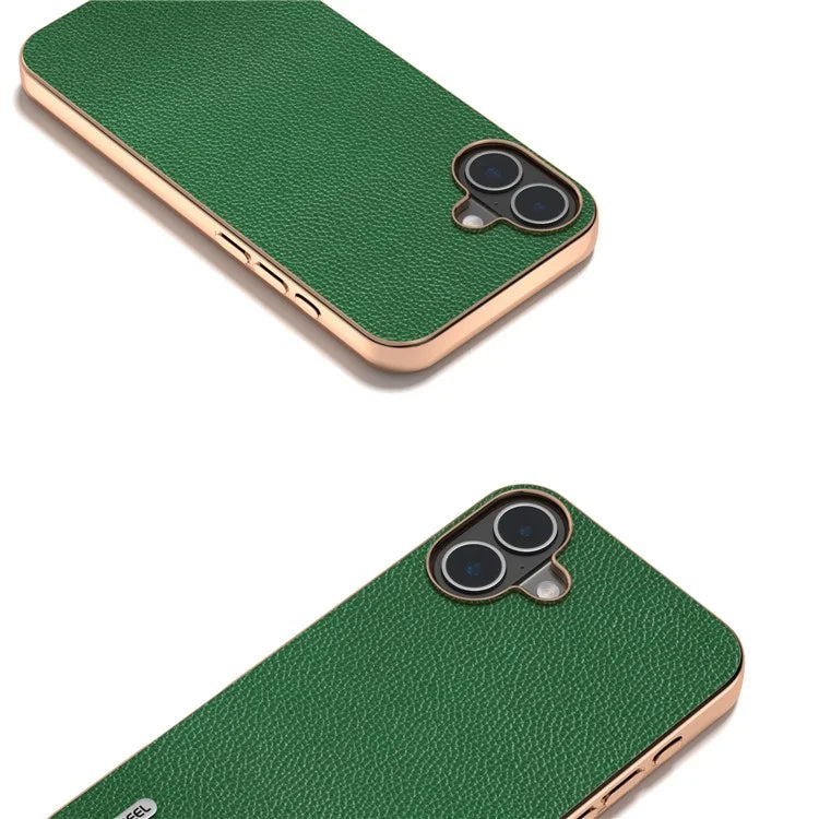 ABEEL For iPhone 16 Case Genuine Cow Leather+PC+TPU Electroplating Phone Cover