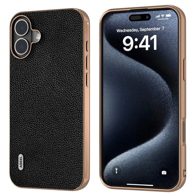 ABEEL For iPhone 16 Case Genuine Cow Leather+PC+TPU Electroplating Phone Cover