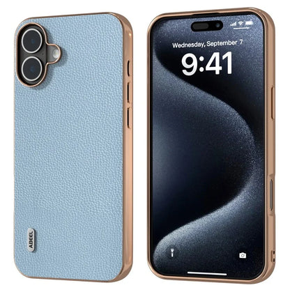ABEEL For iPhone 16 Plus Case Genuine Cow Leather+PC+TPU Electroplating Phone Cover