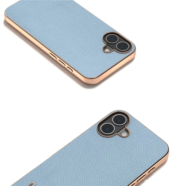 ABEEL For iPhone 16 Plus Case Genuine Cow Leather+PC+TPU Electroplating Phone Cover