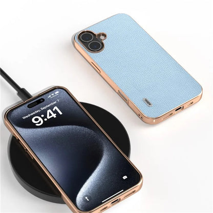 ABEEL For iPhone 16 Plus Case Genuine Cow Leather+PC+TPU Electroplating Phone Cover