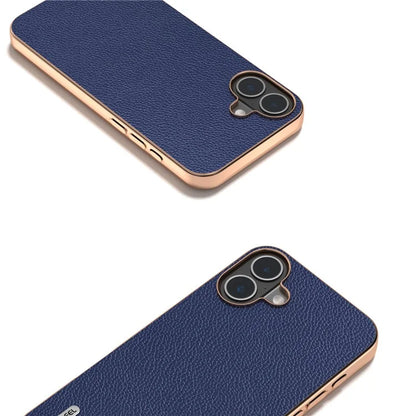 ABEEL For iPhone 16 Plus Case Genuine Cow Leather+PC+TPU Electroplating Phone Cover