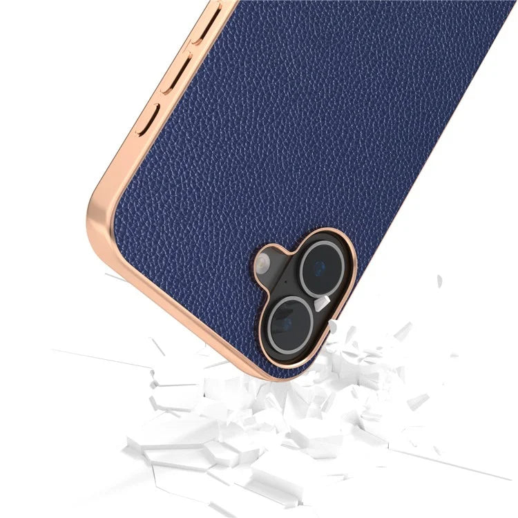 ABEEL For iPhone 16 Plus Case Genuine Cow Leather+PC+TPU Electroplating Phone Cover