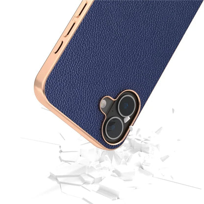 ABEEL For iPhone 16 Plus Case Genuine Cow Leather+PC+TPU Electroplating Phone Cover