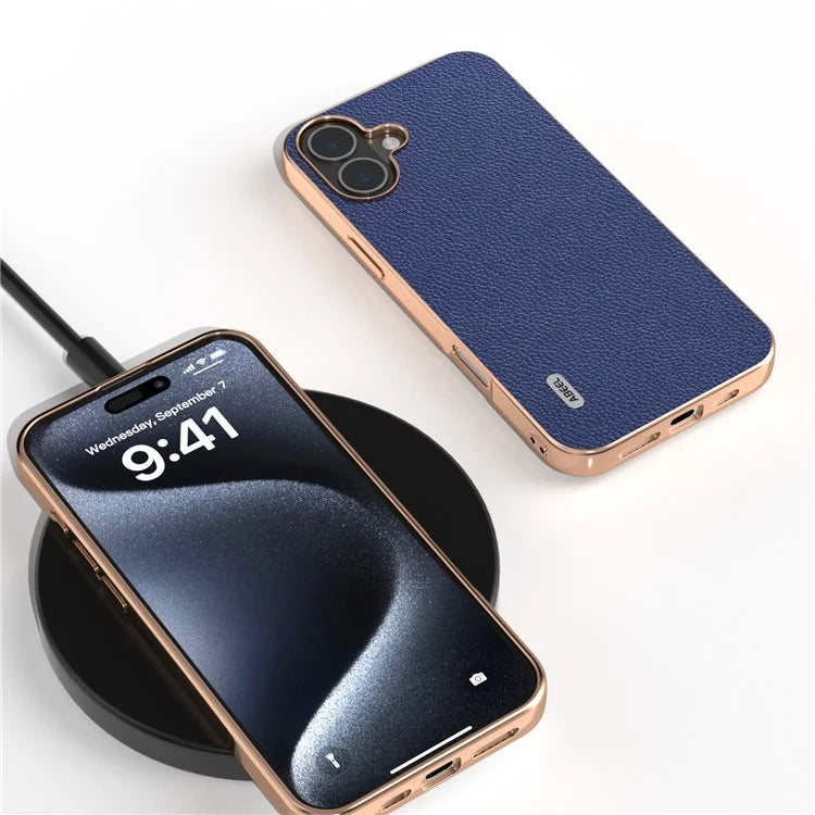ABEEL For iPhone 16 Plus Case Genuine Cow Leather+PC+TPU Electroplating Phone Cover