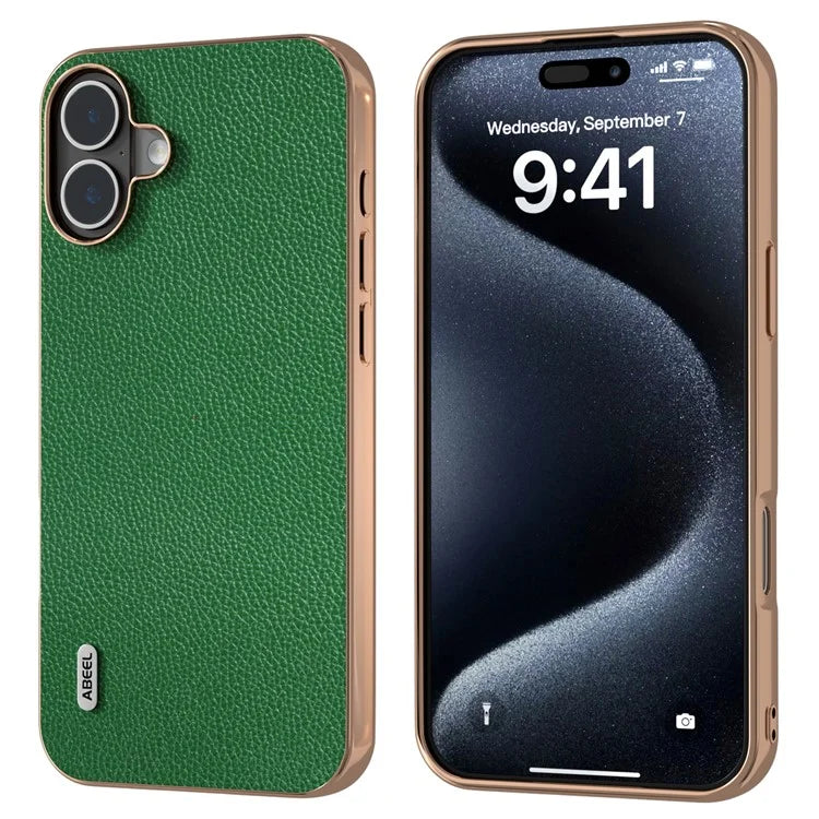 ABEEL For iPhone 16 Plus Case Genuine Cow Leather+PC+TPU Electroplating Phone Cover