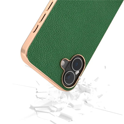 ABEEL For iPhone 16 Plus Case Genuine Cow Leather+PC+TPU Electroplating Phone Cover
