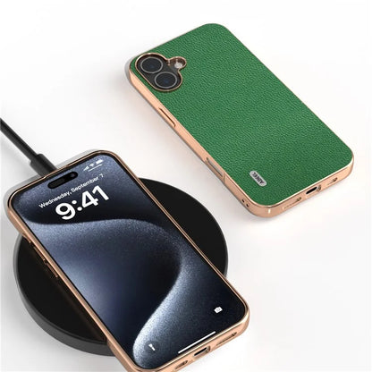 ABEEL For iPhone 16 Plus Case Genuine Cow Leather+PC+TPU Electroplating Phone Cover