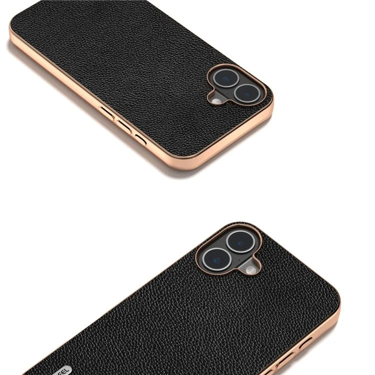 ABEEL For iPhone 16 Plus Case Genuine Cow Leather+PC+TPU Electroplating Phone Cover