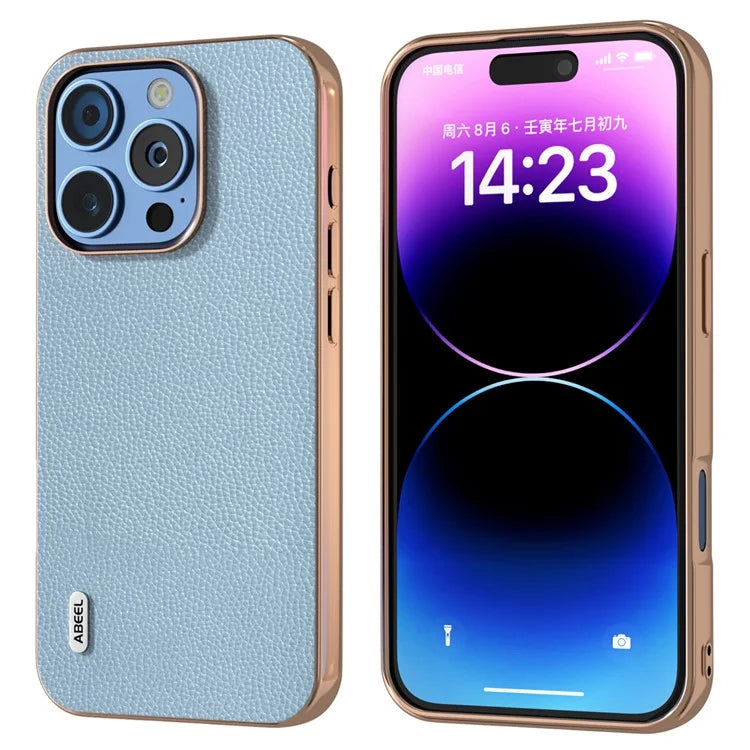 ABEEL For iPhone 16 Pro Max Case Genuine Cow Leather+PC+TPU Electroplating Phone Cover