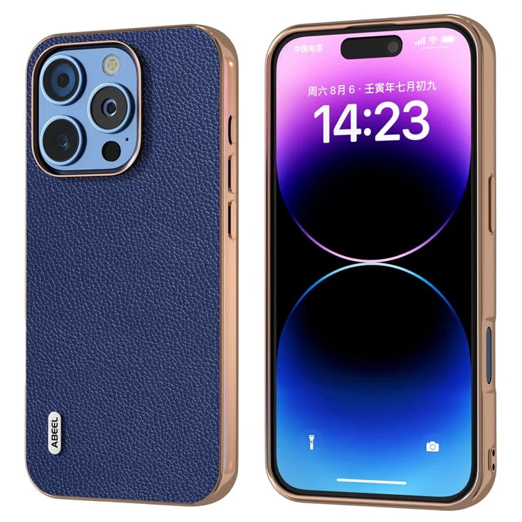 ABEEL For iPhone 16 Pro Max Case Genuine Cow Leather+PC+TPU Electroplating Phone Cover