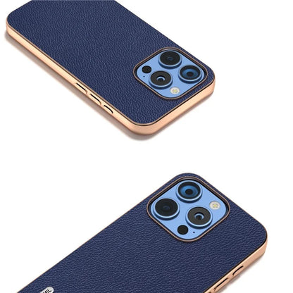 ABEEL For iPhone 16 Pro Max Case Genuine Cow Leather+PC+TPU Electroplating Phone Cover