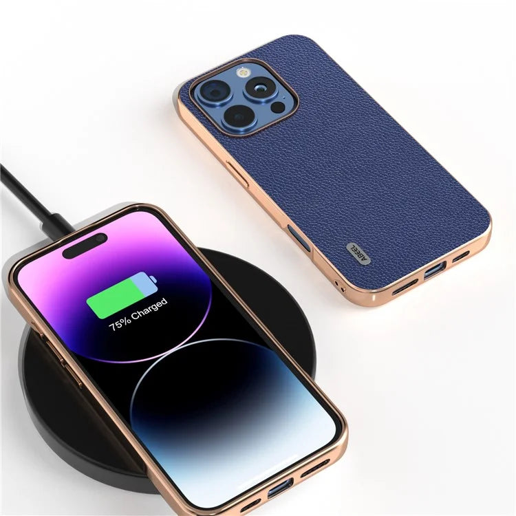 ABEEL For iPhone 16 Pro Max Case Genuine Cow Leather+PC+TPU Electroplating Phone Cover