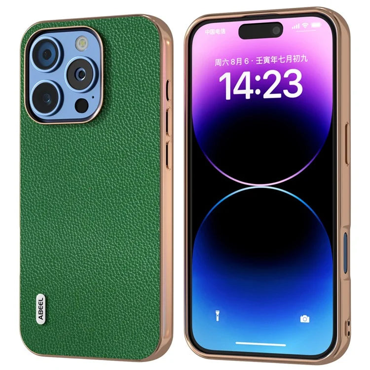 ABEEL For iPhone 16 Pro Max Case Genuine Cow Leather+PC+TPU Electroplating Phone Cover