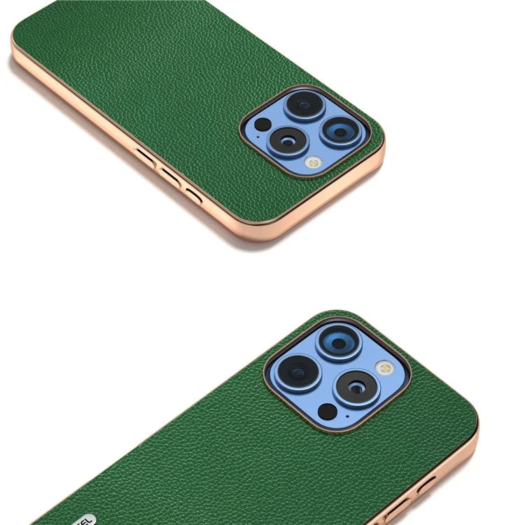 ABEEL For iPhone 16 Pro Max Case Genuine Cow Leather+PC+TPU Electroplating Phone Cover