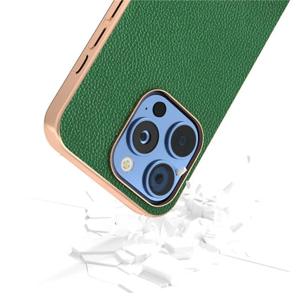 ABEEL For iPhone 16 Pro Max Case Genuine Cow Leather+PC+TPU Electroplating Phone Cover