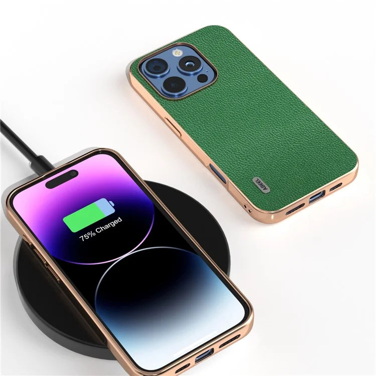 ABEEL For iPhone 16 Pro Max Case Genuine Cow Leather+PC+TPU Electroplating Phone Cover