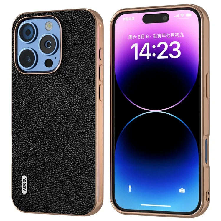 ABEEL For iPhone 16 Pro Max Case Genuine Cow Leather+PC+TPU Electroplating Phone Cover