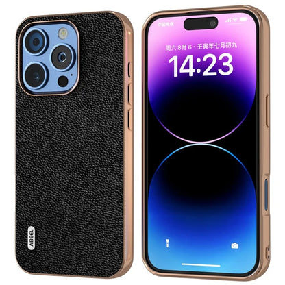 ABEEL For iPhone 16 Pro Max Case Genuine Cow Leather+PC+TPU Electroplating Phone Cover