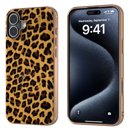 For iPhone 16 Plus Case Electroplating Leopard Pattern PU+TPU Phone Cover