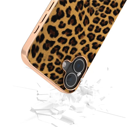 For iPhone 16 Plus Case Electroplating Leopard Pattern PU+TPU Phone Cover